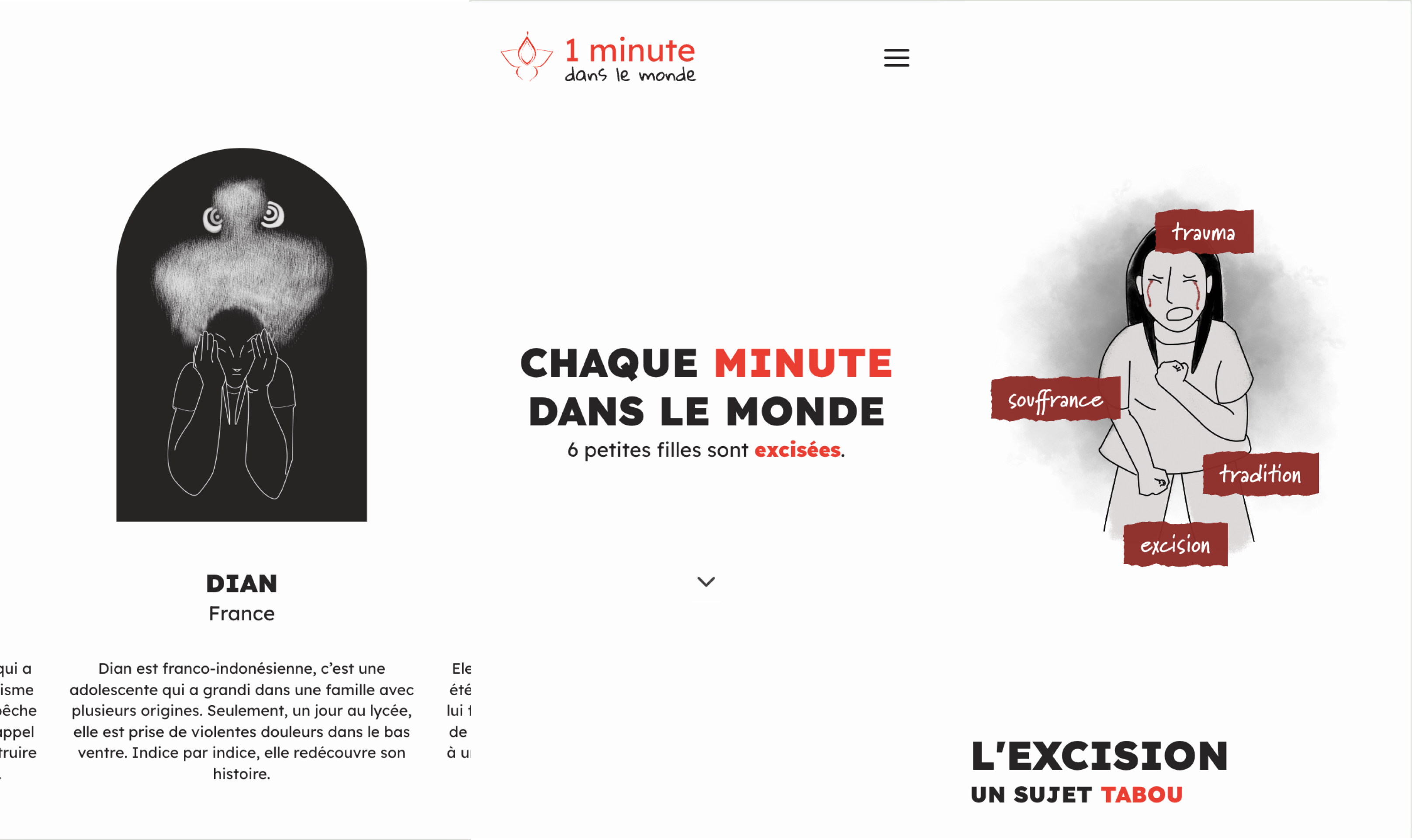 Page d'accueil, avec le texte "Chaque minute dans le monde, 6 petites filles sont excisées"