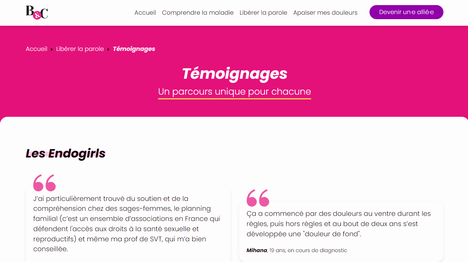 Page témoignages du site Bouillotte et culotte